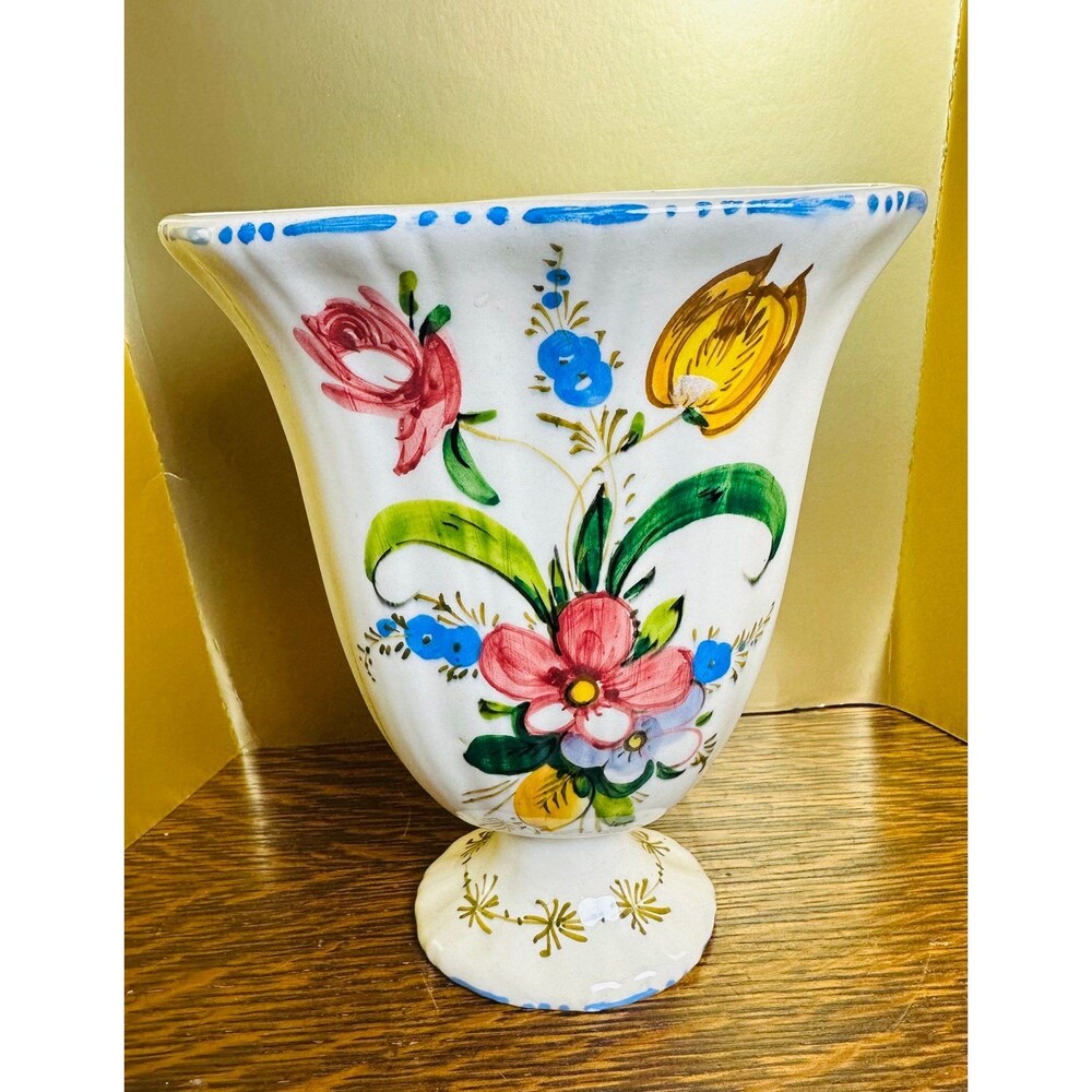 Vintage Italian Pottery Hand-Painted Ceramic Fan Vase β Colorful Floral Majolica